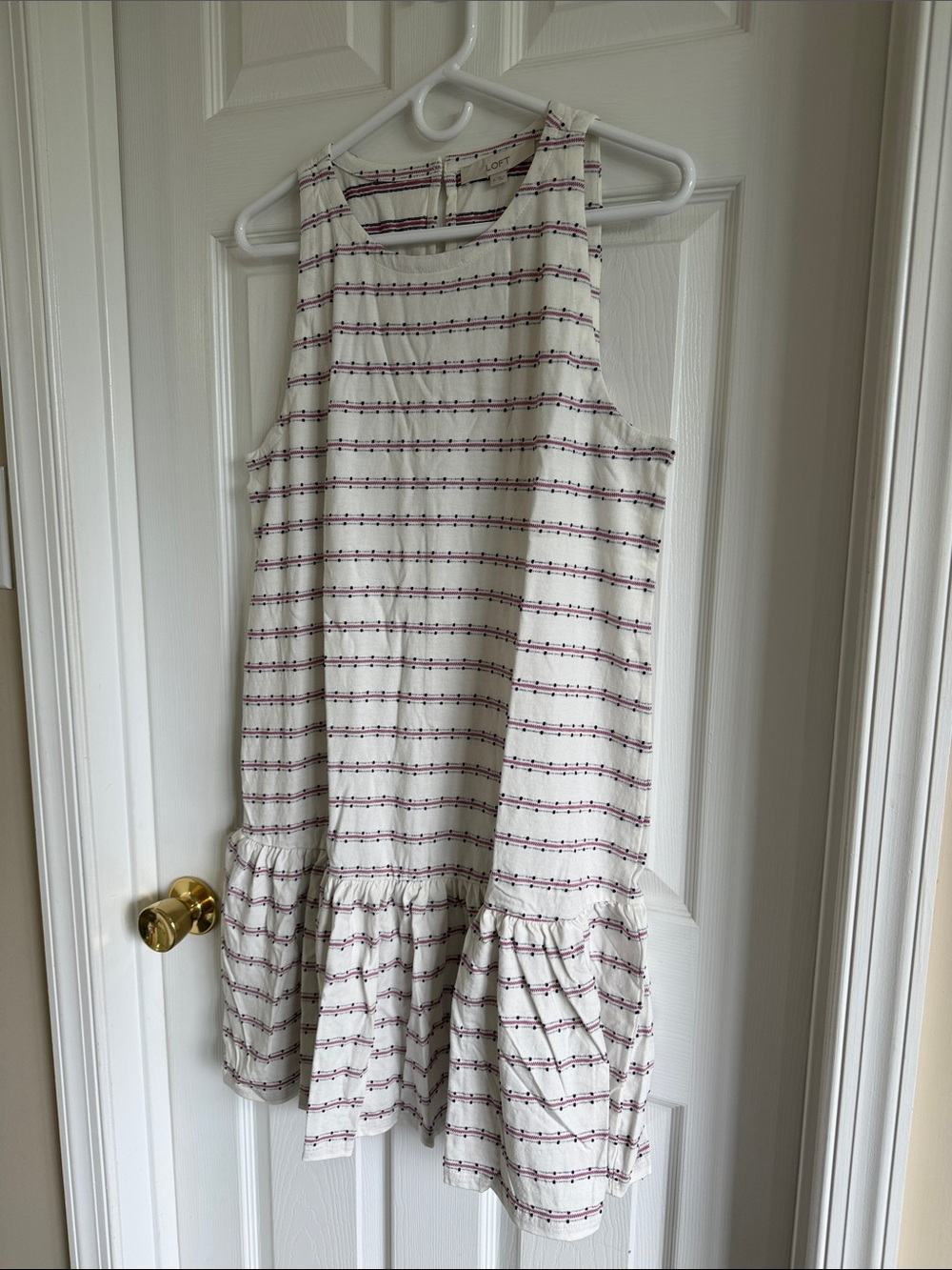 NWT LOFT Cream Dress with Purple-Accent Stripes and Ruffle Hem - Picture 7 of 11